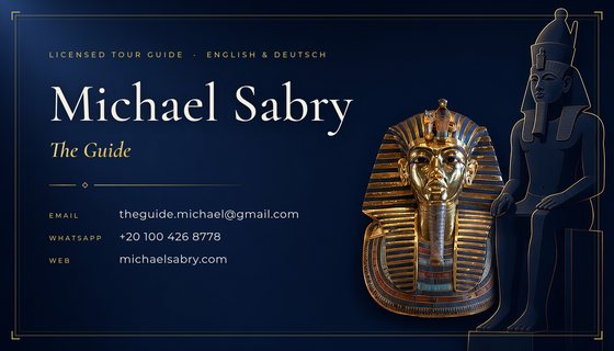 Front of Michael Sabry’s business card: name, The Guide, email and WhatsApp, with Tutankhamun’s golden mask and Ramses II