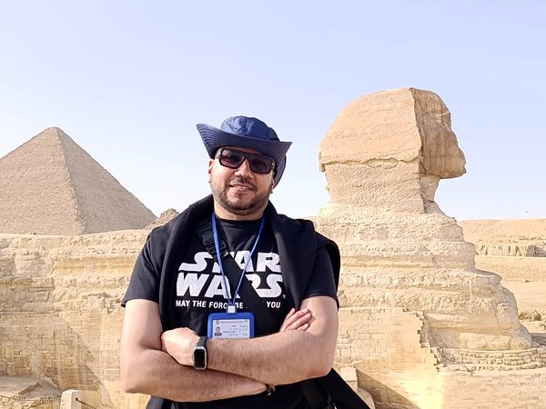Michael Sabry at the Great Sphinx and the Great Pyramid of Giza